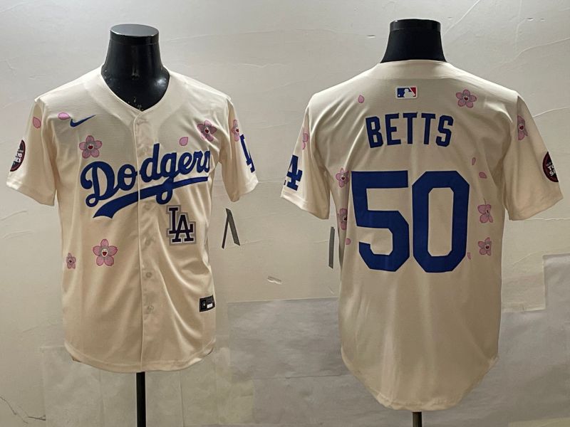 Men Los Angeles Dodgers #50 Betts Cream Sakura Edition 2025 Nike MLB Jersey style 1